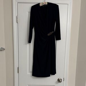 Ralph Lauren Black Long-Sleeve Faux-Wrap Dress with Decorative Buckle